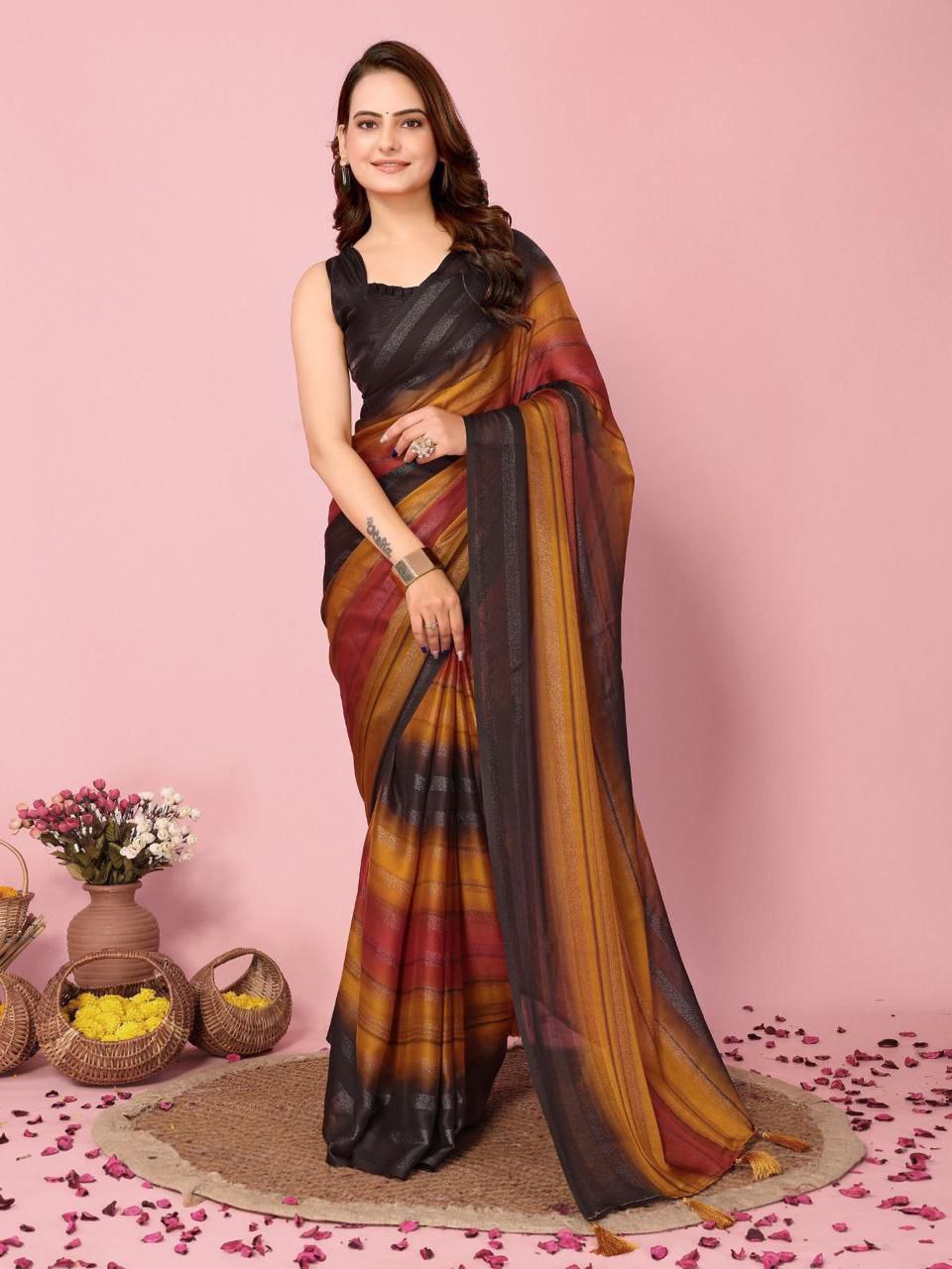 Eligible soft naylone rimzim yellow saree