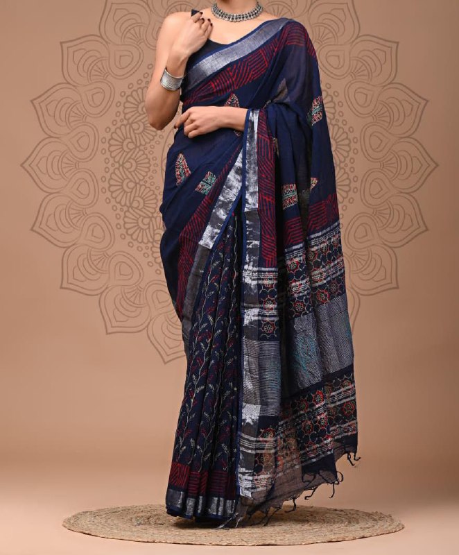Beautiful  designer digital printed linen blue saree