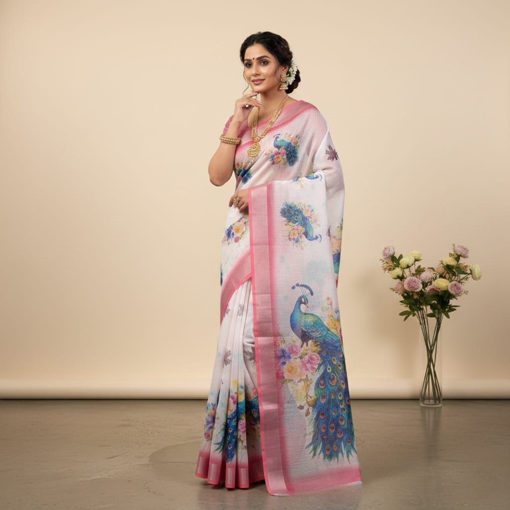 Beautiful Designer digital printed linen pink saree