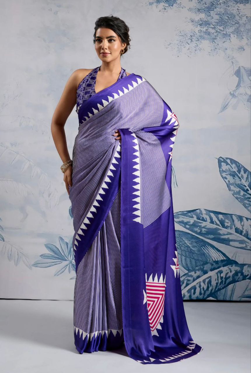 Exclusive digital printed model silk blue saree