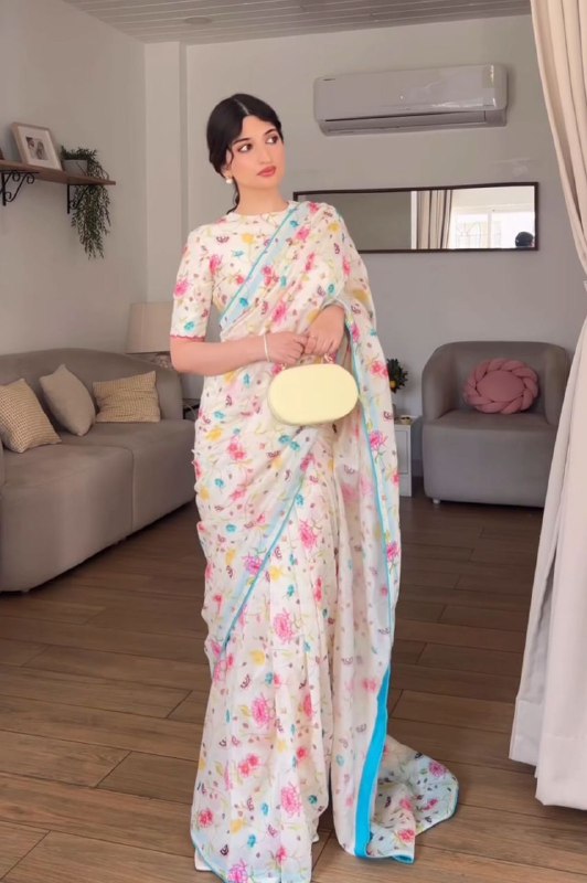 Luxury digital printed soft silk white saree