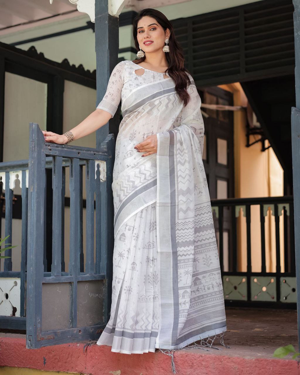 Designer beautiful linen white saree