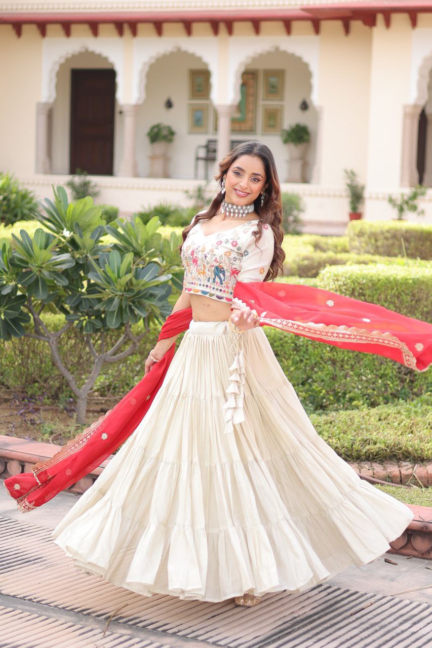 Exclusive designer embroidery thread sequence silk cream lehenga choli dupatta
