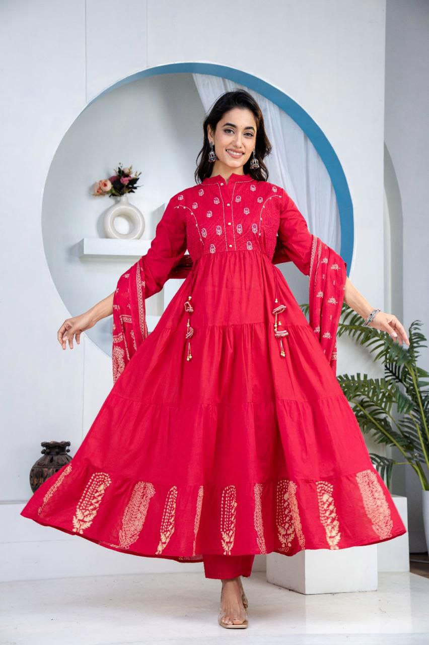 Glamourous embroidery cotton red anarkali