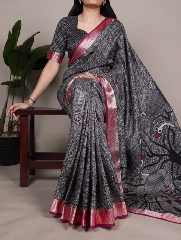 Designer printed silk black saree