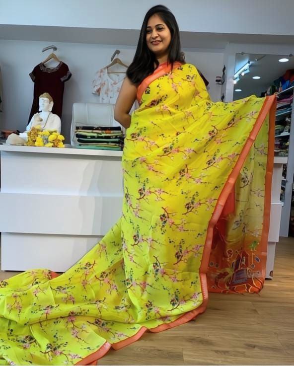 Exclusive digital printed soft linen yellow saree