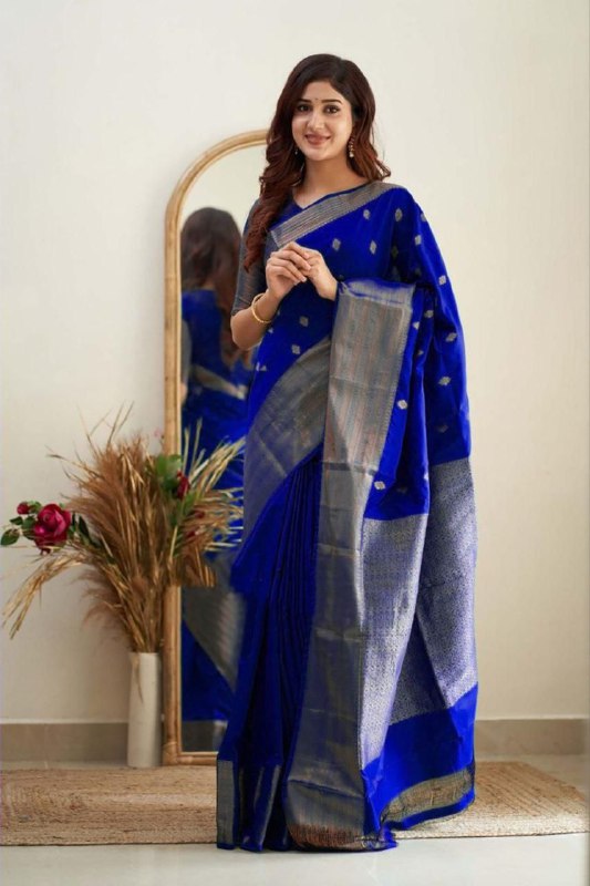 Traditional jacquard soft lichi silk blue saree