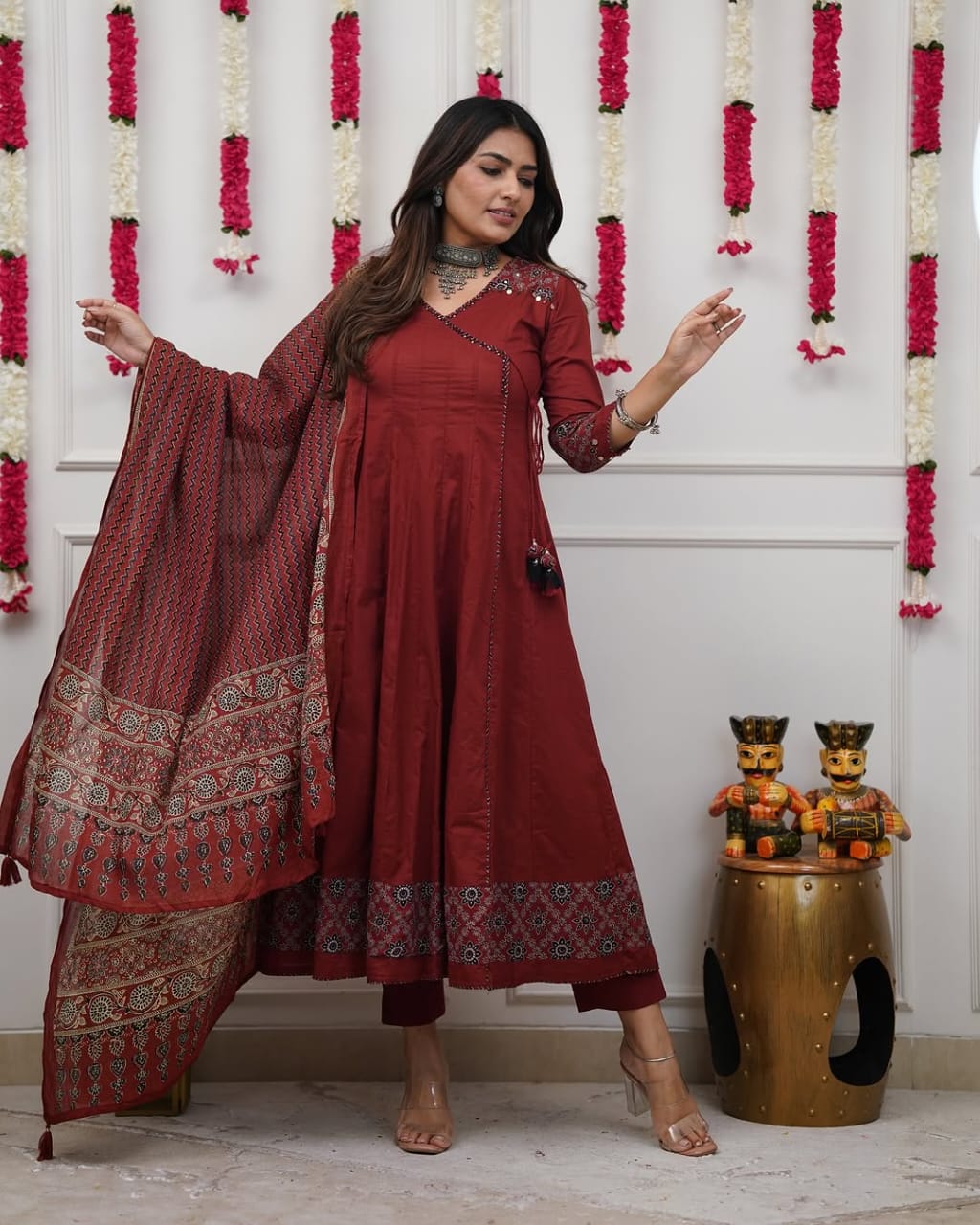 Traditional printed cotton red anarkali dress