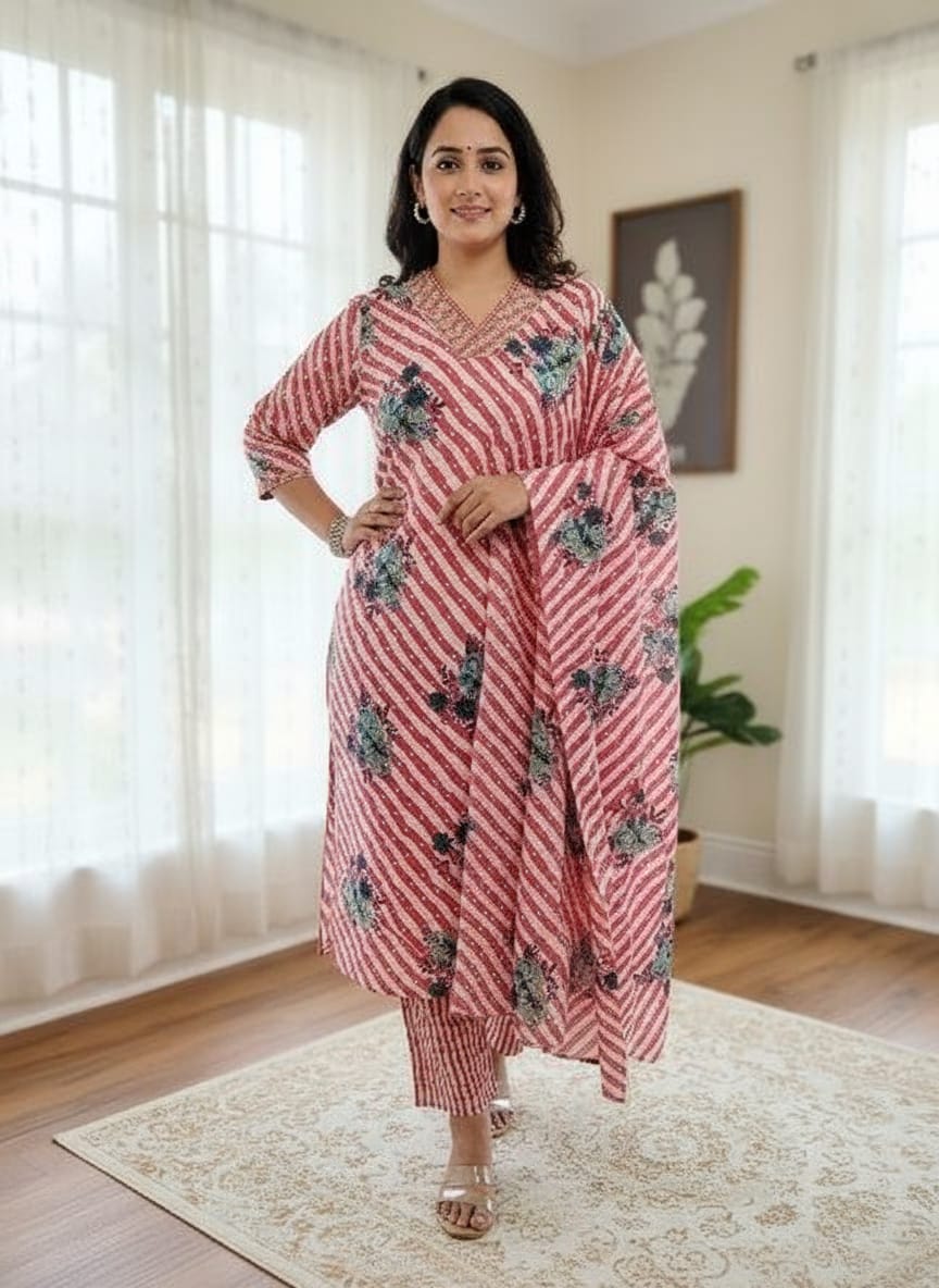 Luxurious beautiful ethnic cotton pink kurta pajama dupatta