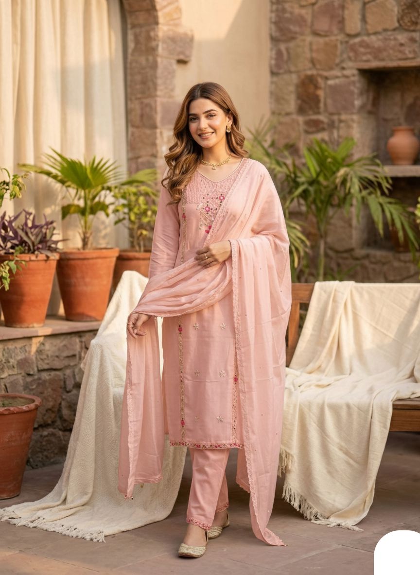 Luxurious beautiful embroidery silk white kurti pant dupatta