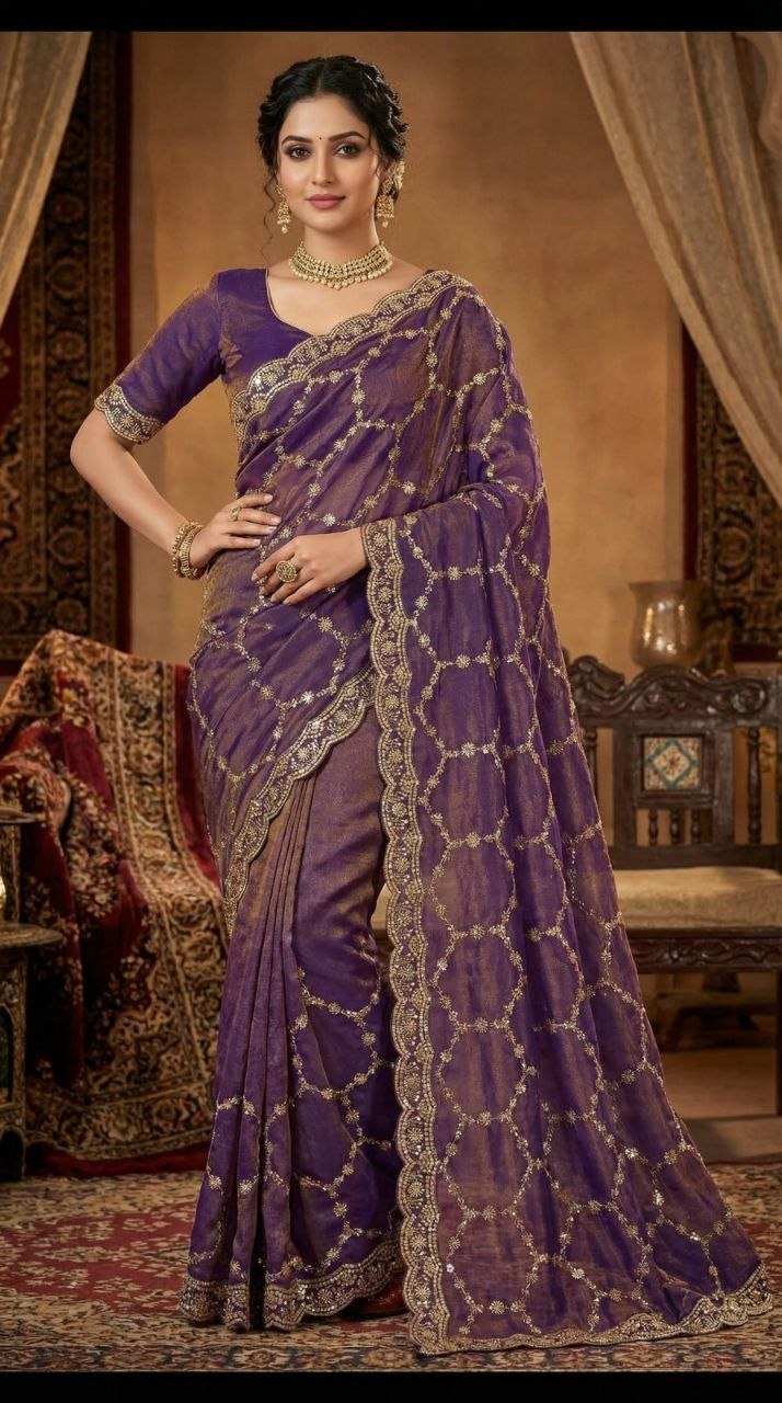 Presenting sequence embroidery mosa silk purple saree