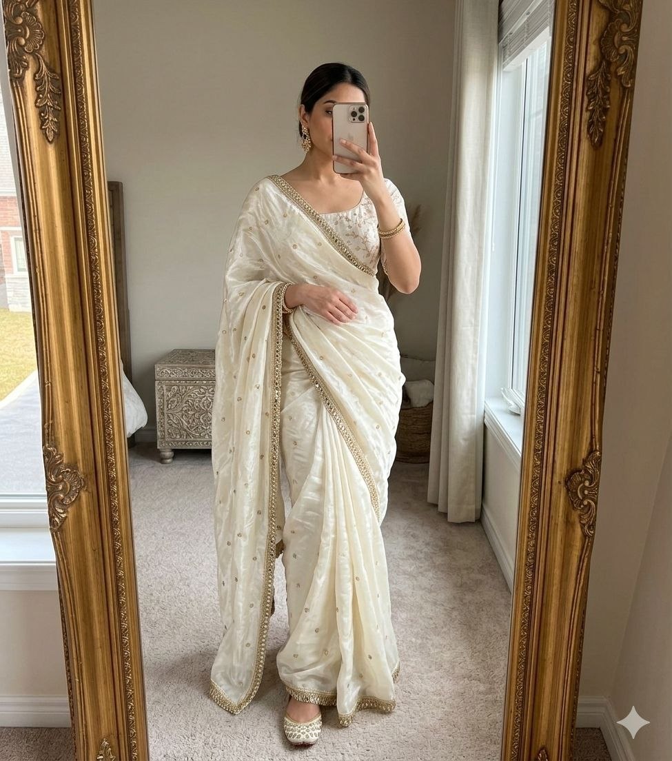 Rich sequence original mirror cream saree