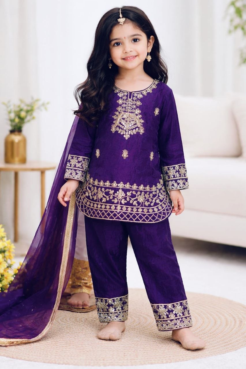 Eid special embroidery silk purple top bottom dupatta