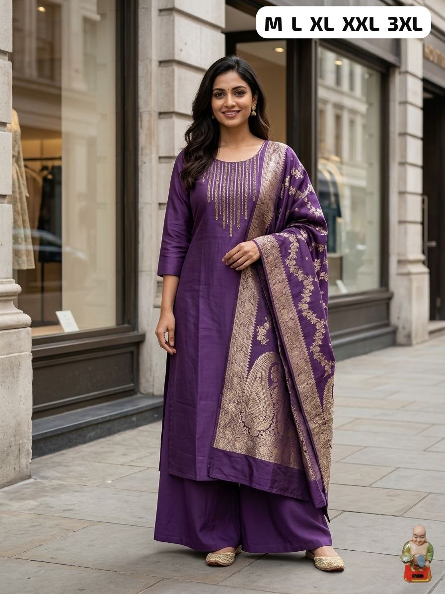 Stunning embroidery  viscose purple kurta pant dupatta