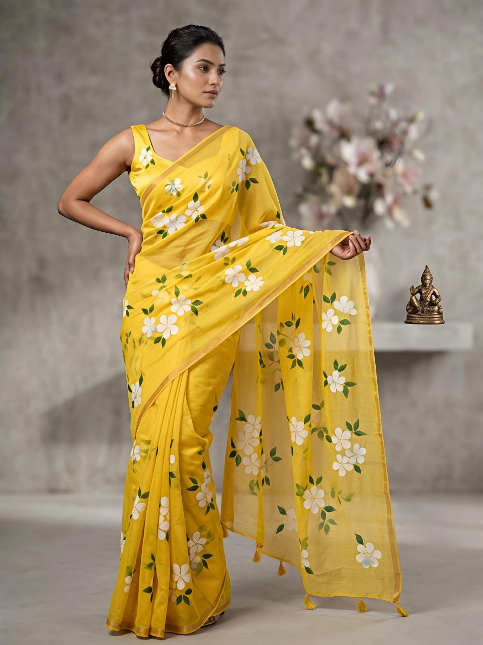 Charm blooming linen yellow saree
