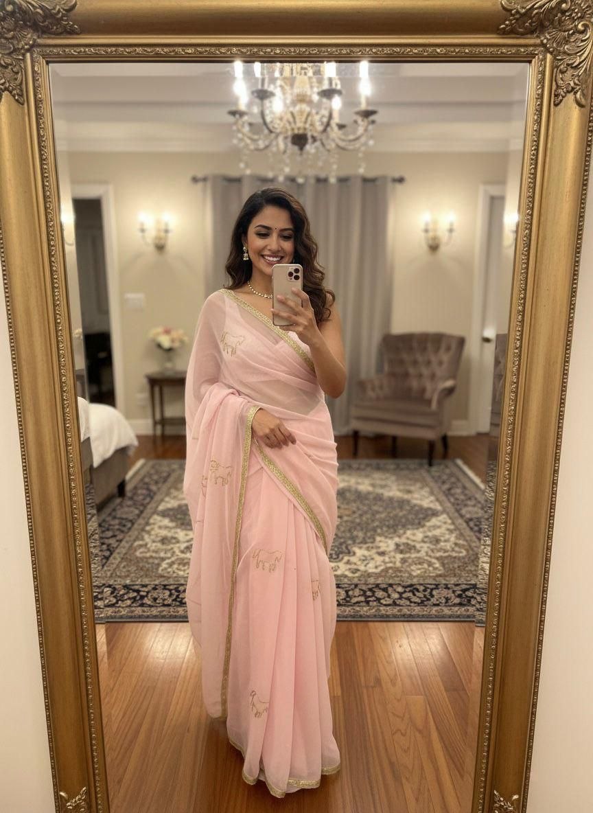 Ethnic roch soft georgette pink saree