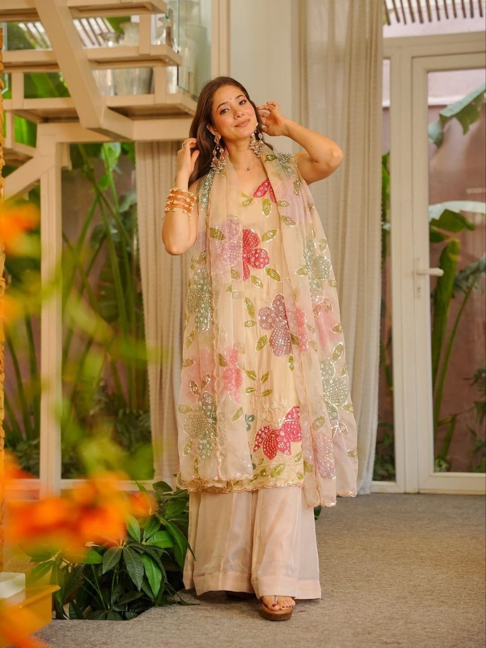 Eligibility  tibby organza silk peach palazzo set