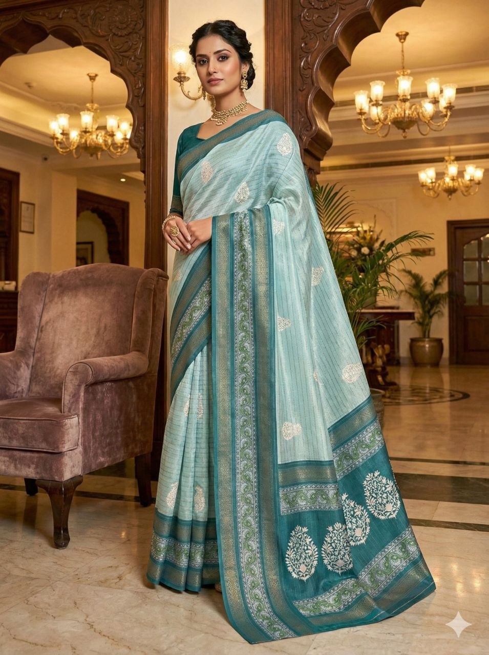 Royal digital print dola silk teal saree
