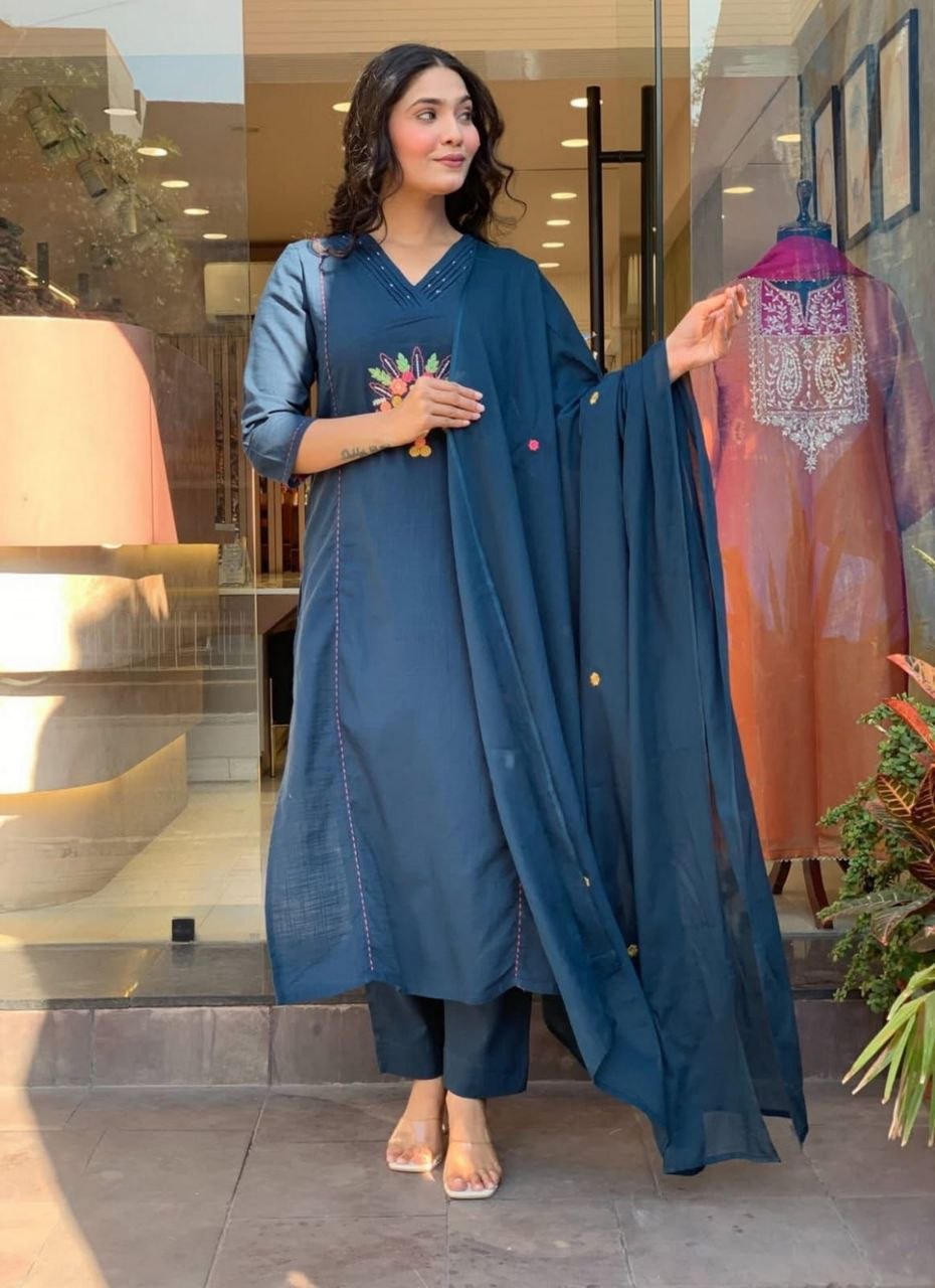 Graceful embroidery chander rayon dark blue suit set