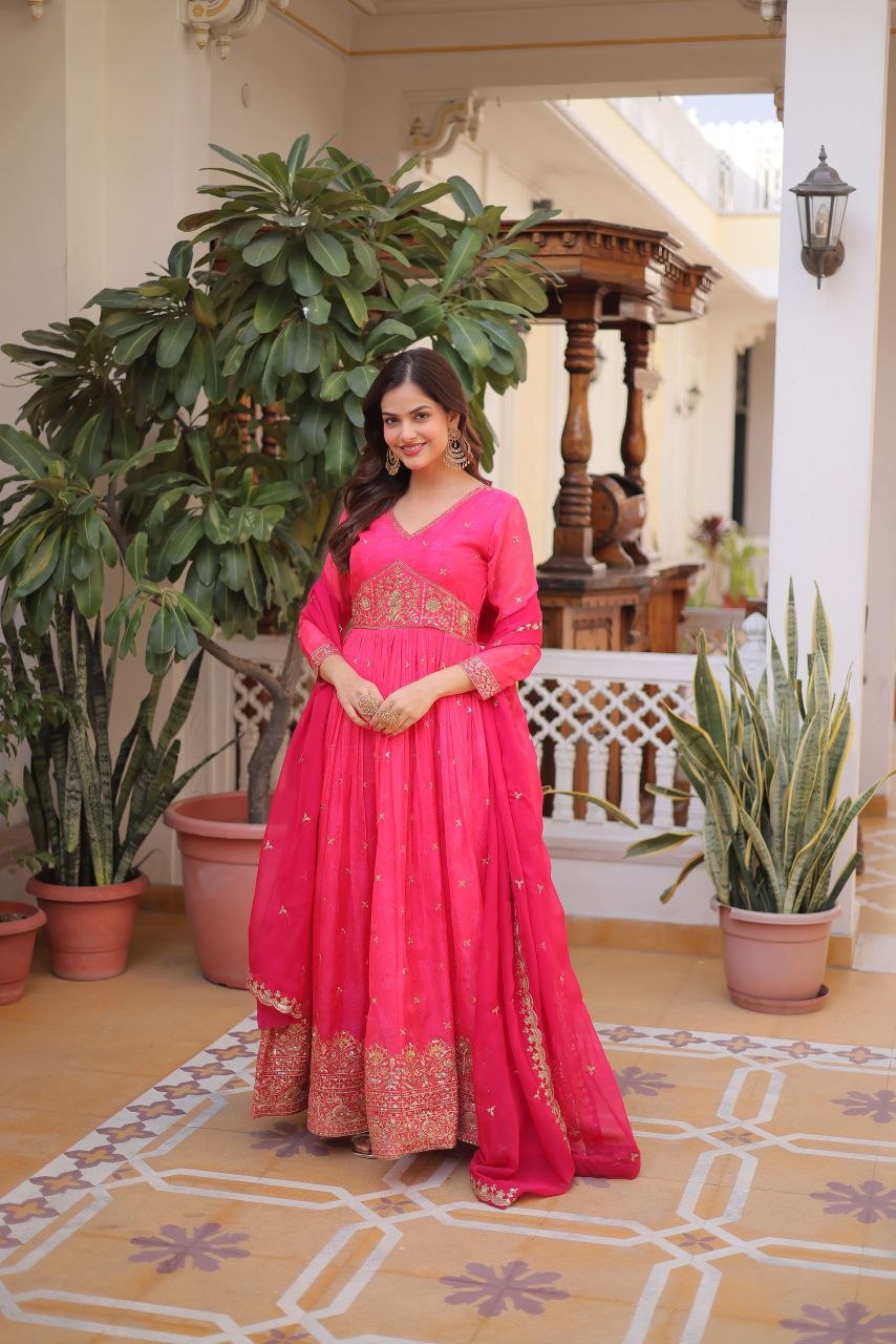 Trendsetting embroidery sequence silk rani gown