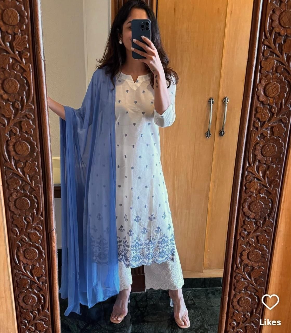 Splendid embroidery cotton sky blue kurti pant dupatta