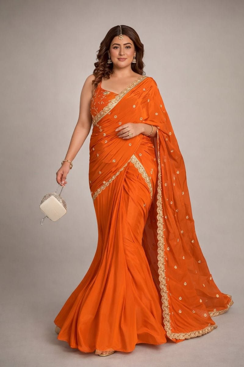Majestic stitched chinnon silk orange saree