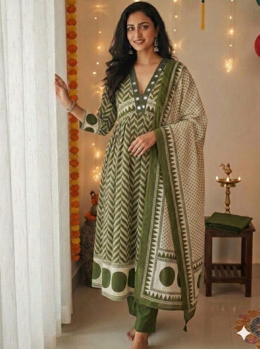 Fabulous decorated cotton green suit set