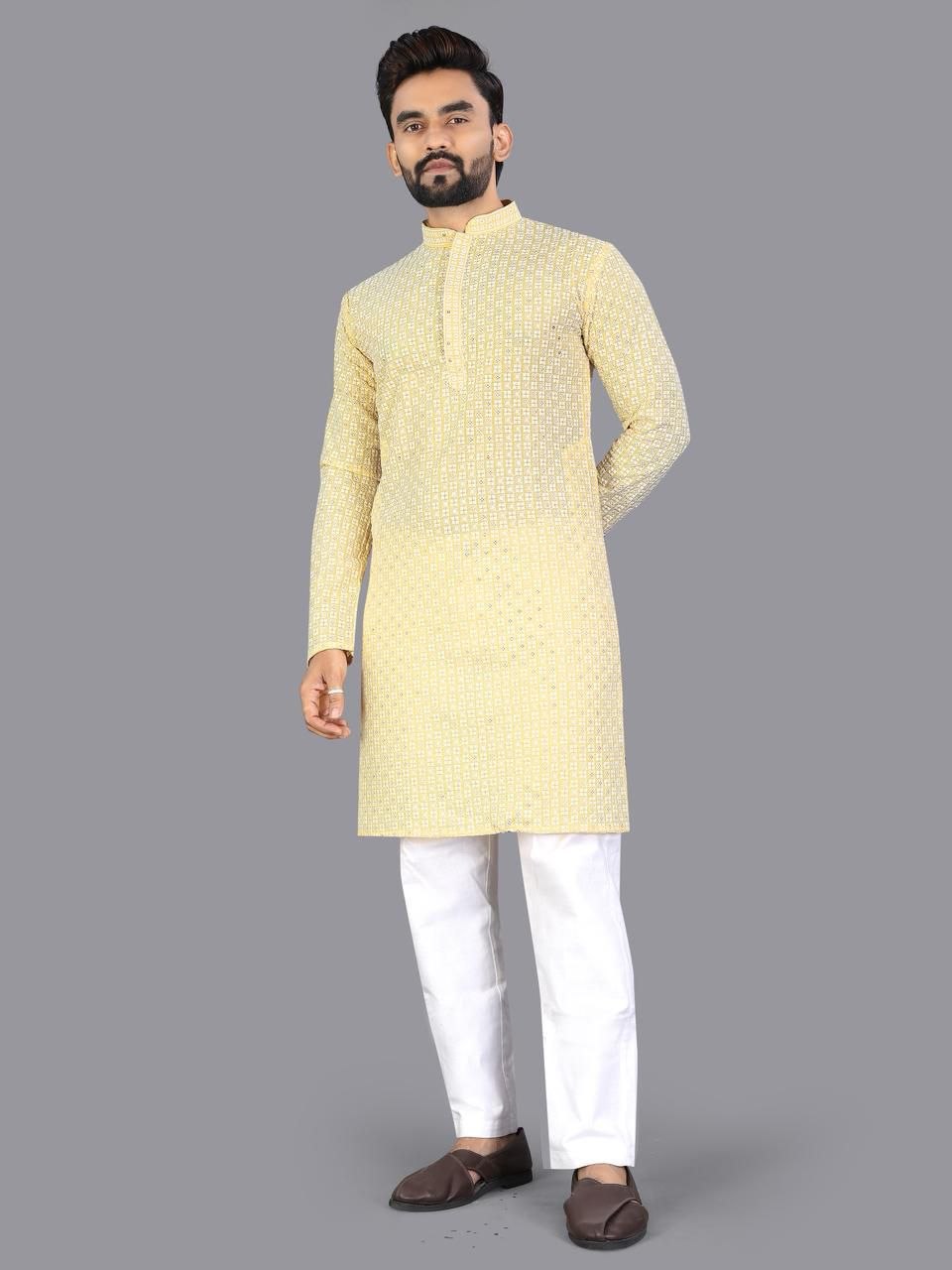 Beautifulness chikankari embroidery cotton yellow kurta pajama