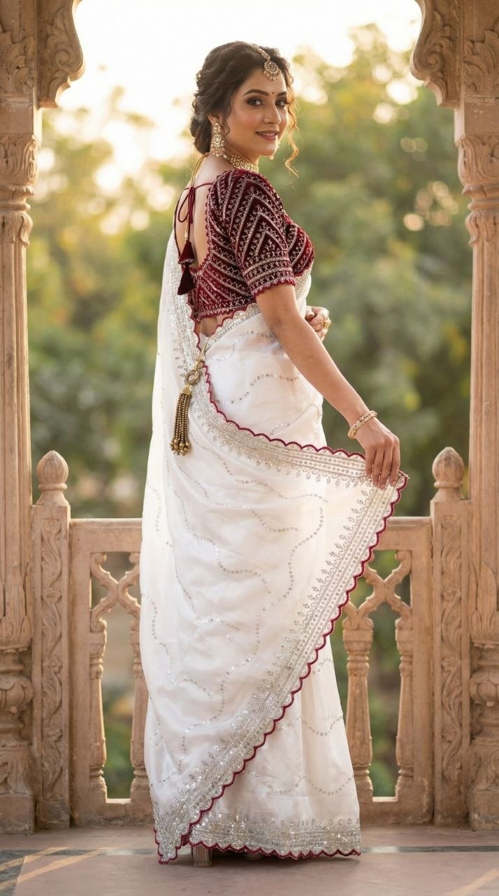 Presenting divya zimmy jhut silk white saree