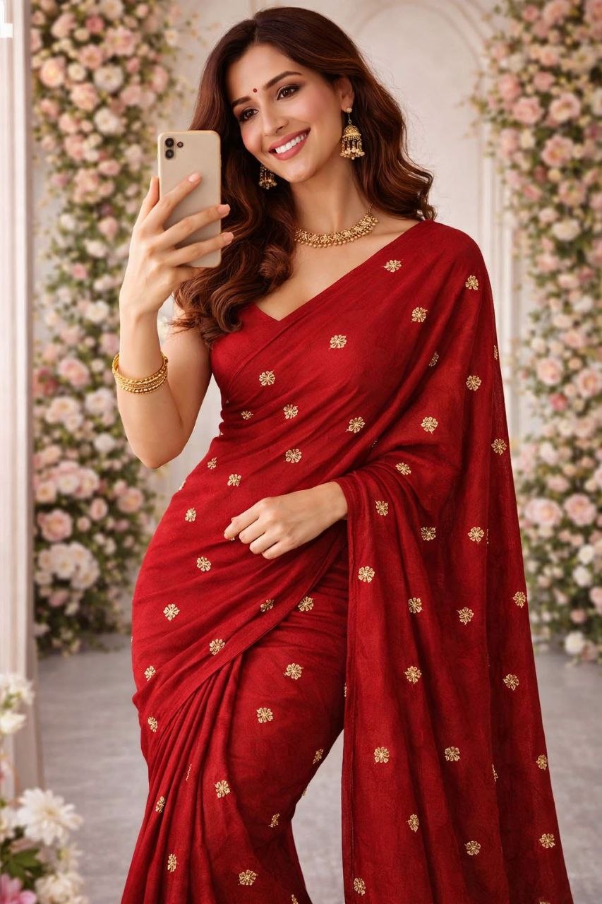 Exclusive beads crush silk red saree
