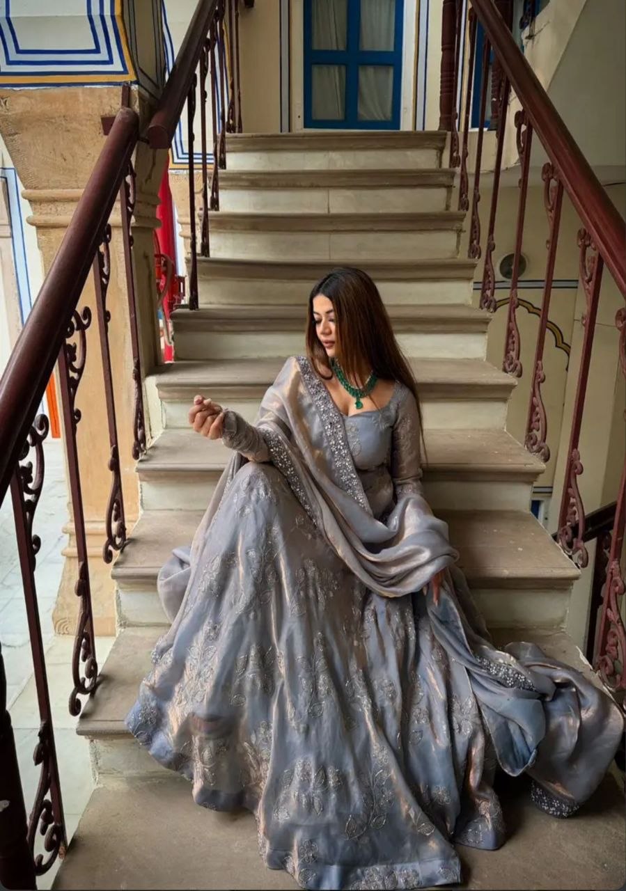 Astonishing embroidery silk gray anarkali suit