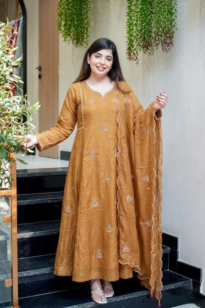 Awesomazing embroidery mul chanderi yellow suit set