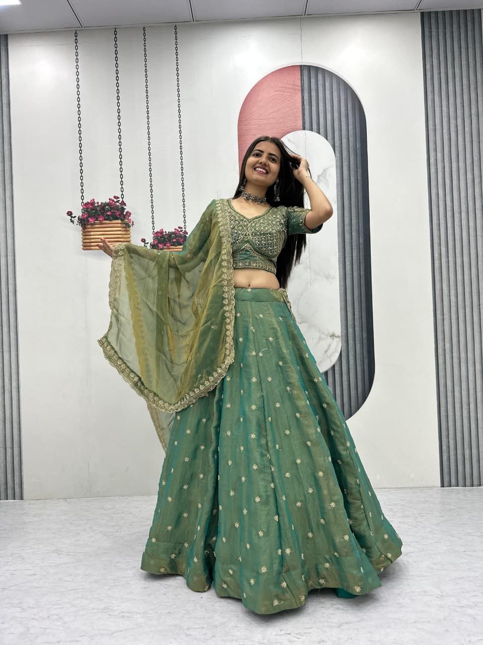 Astounding embroidery thread cotton green lehenga choli