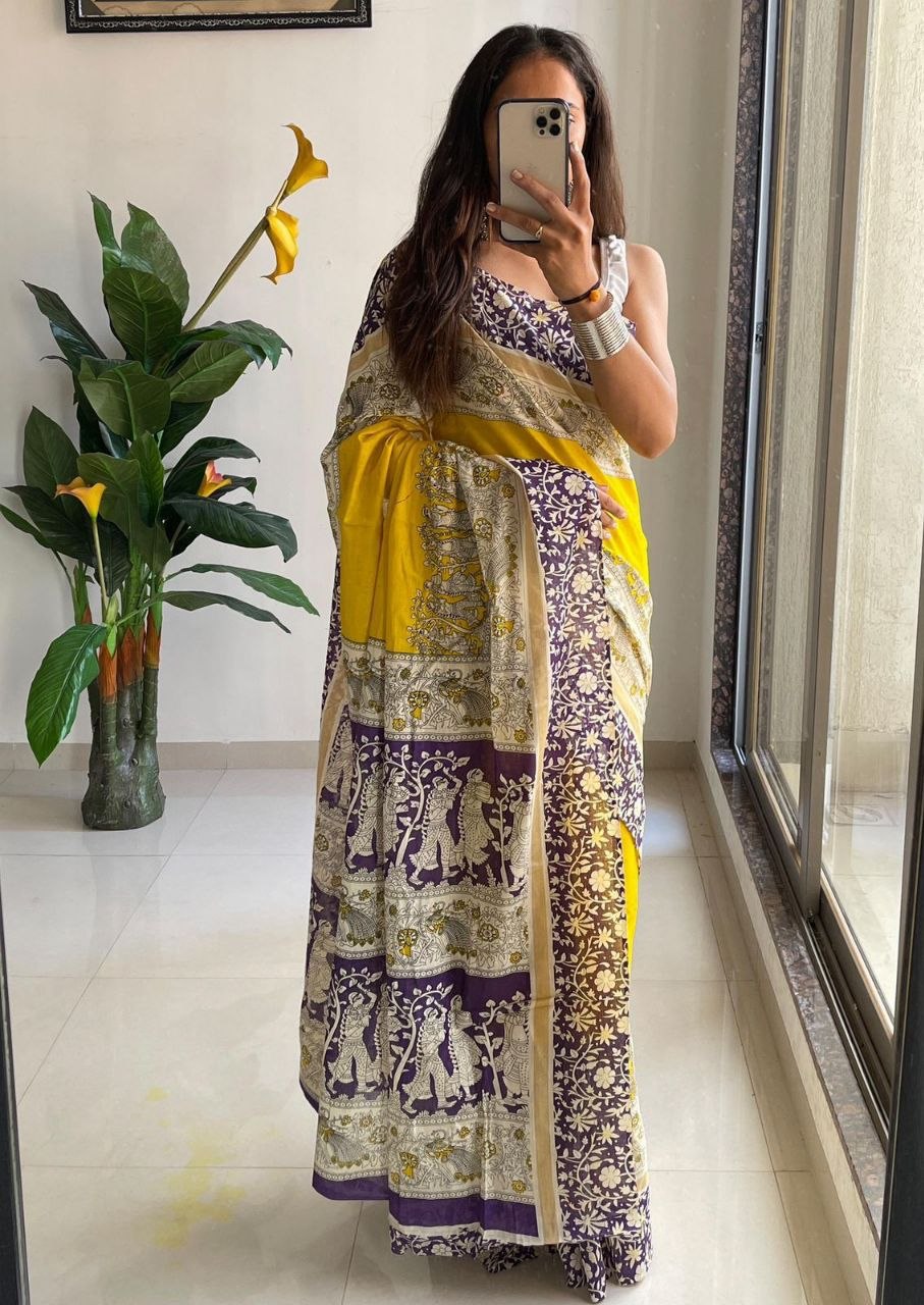 Traditional heavy linen yellow saree