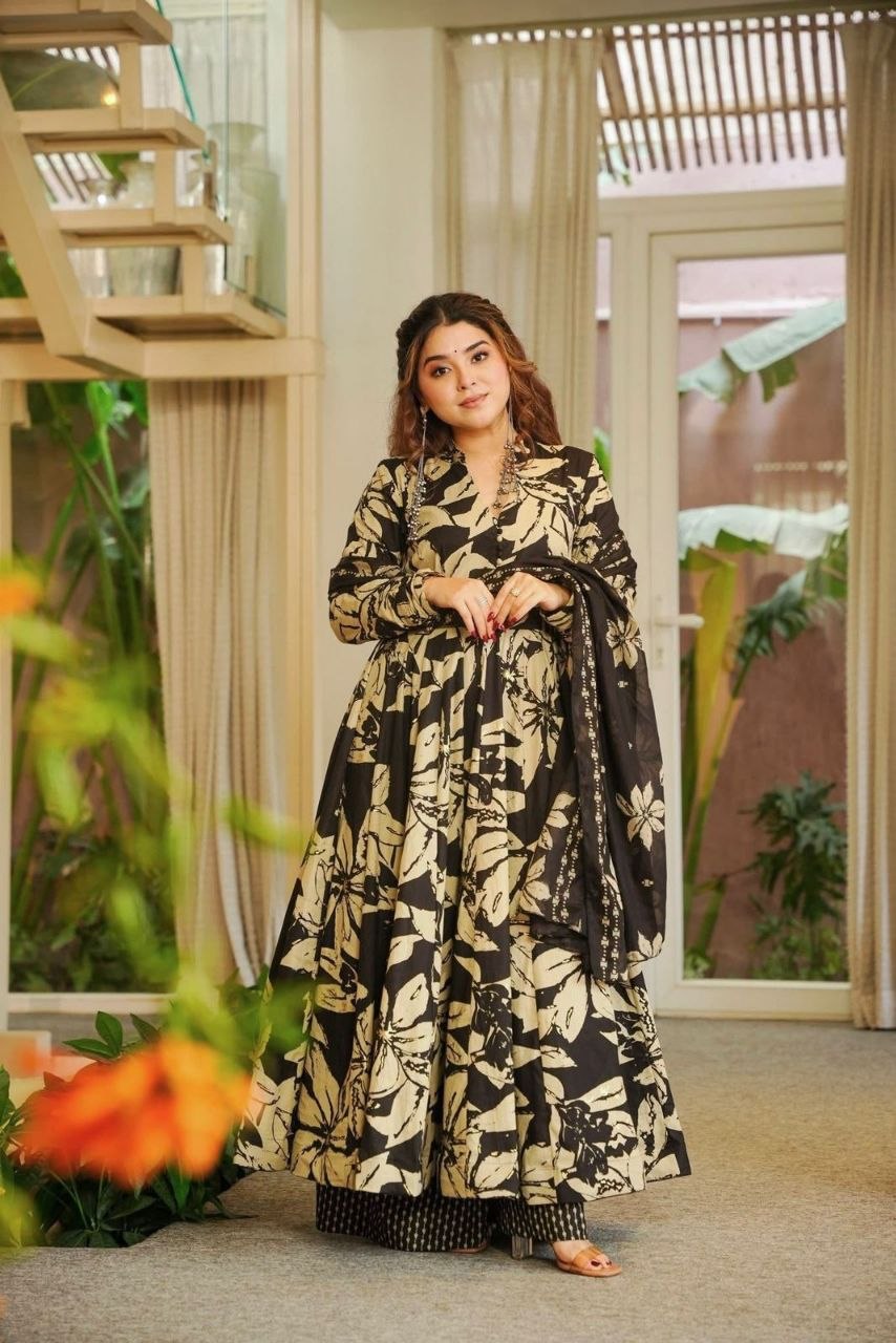 Attractive full sleeve cotton black anarkali suit