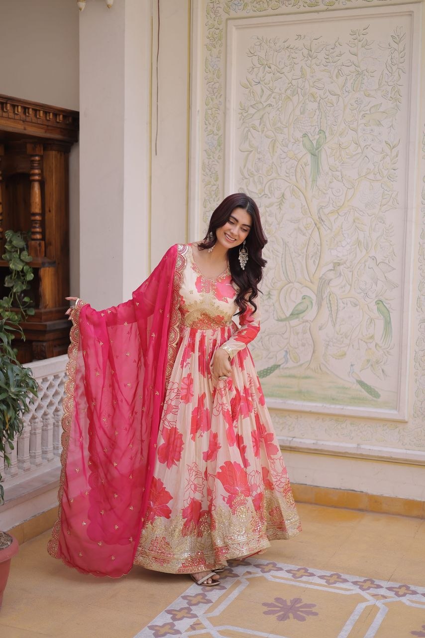 Attracting sequence embroidery cotton pink anarkali suit