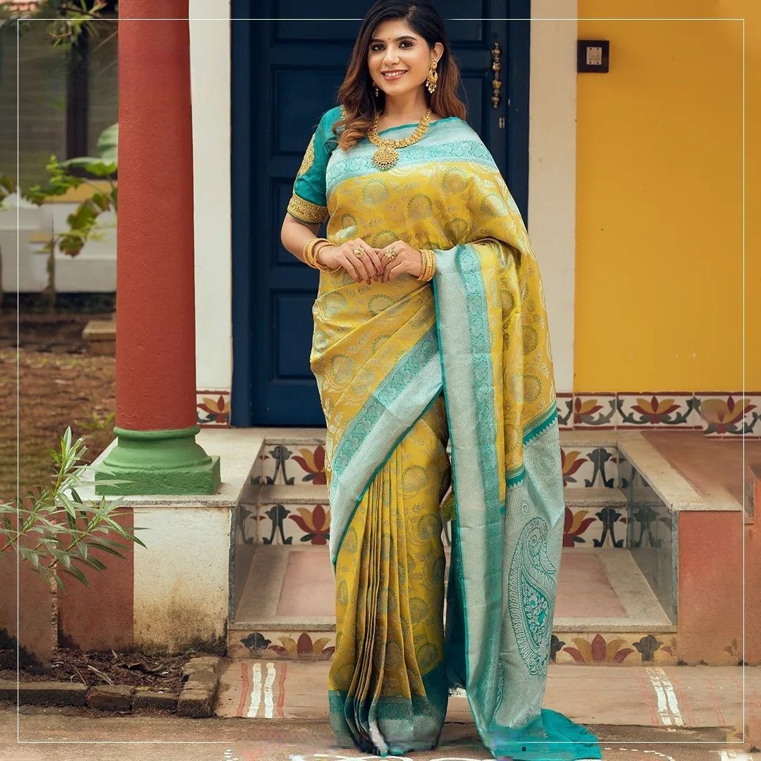 Exclusive jacquard light banarasi soft silk yellow saree