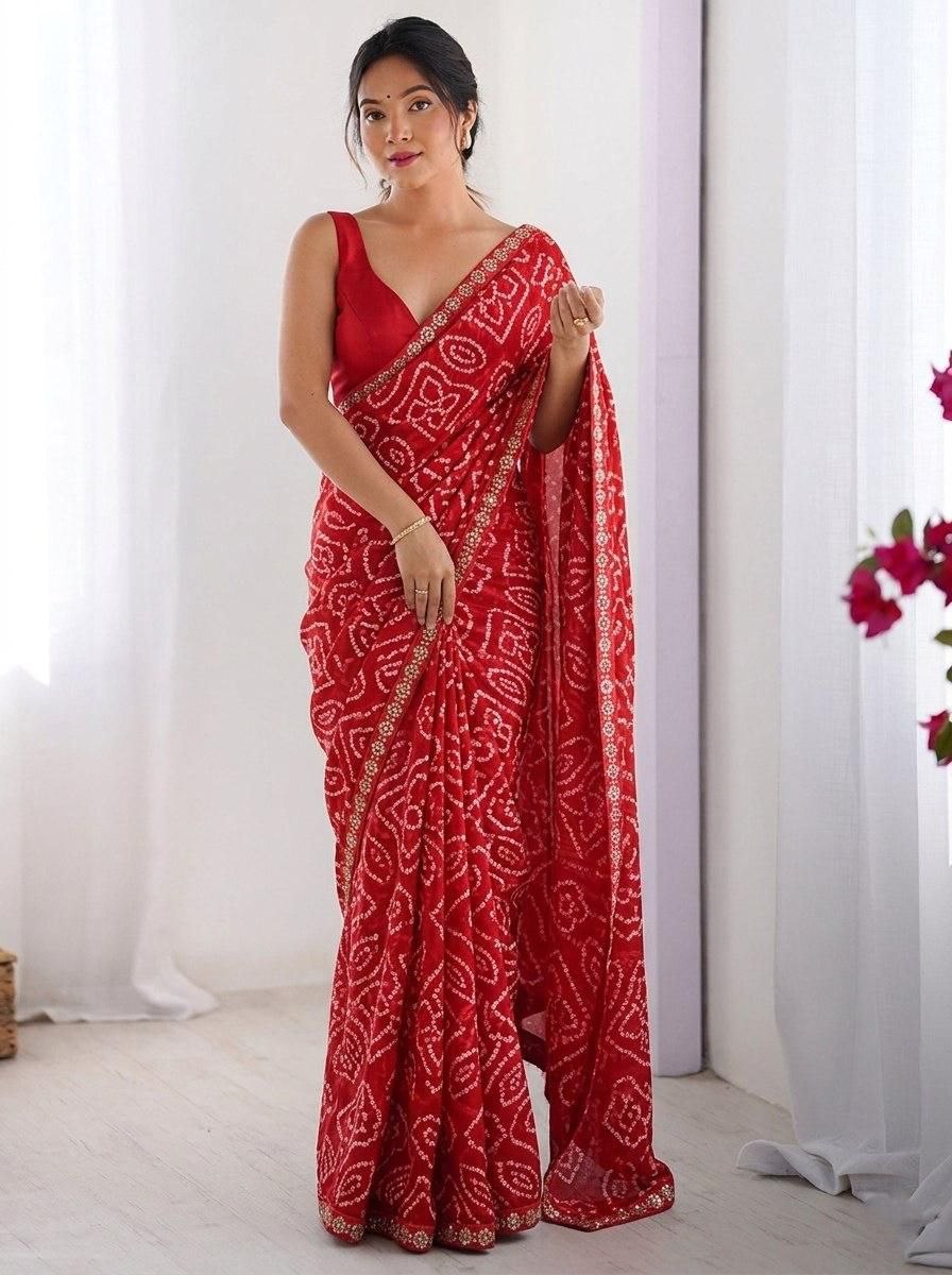 Availability bandhej print georgette red saree