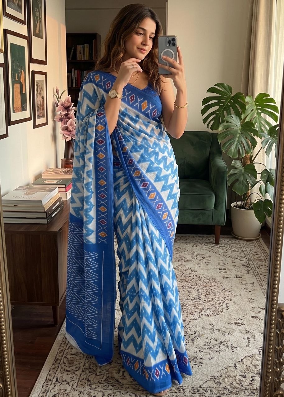 Luxurious ikkat printed mulmul cotton blue saree