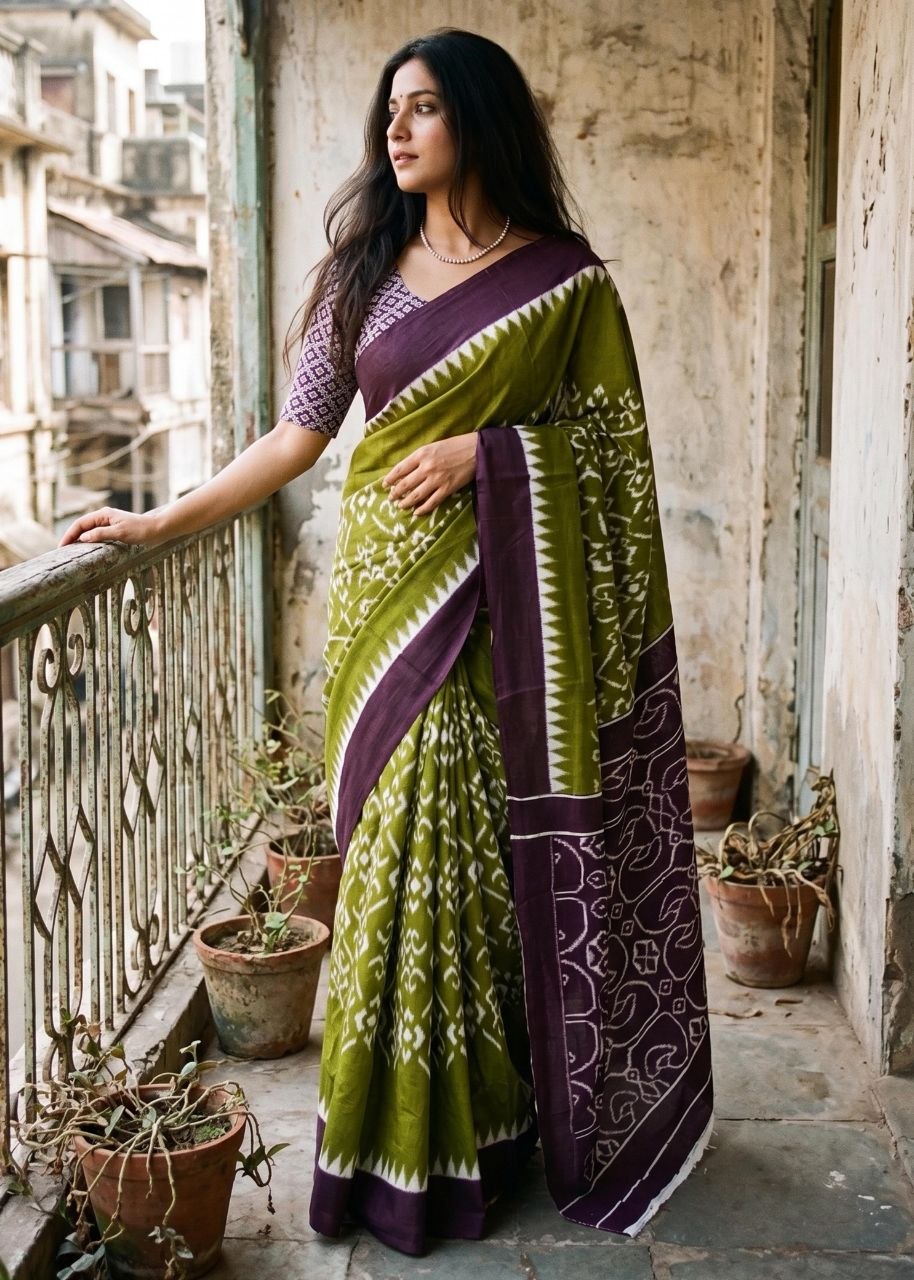 Opportunity ikkat printed mulmul cotton purple saree