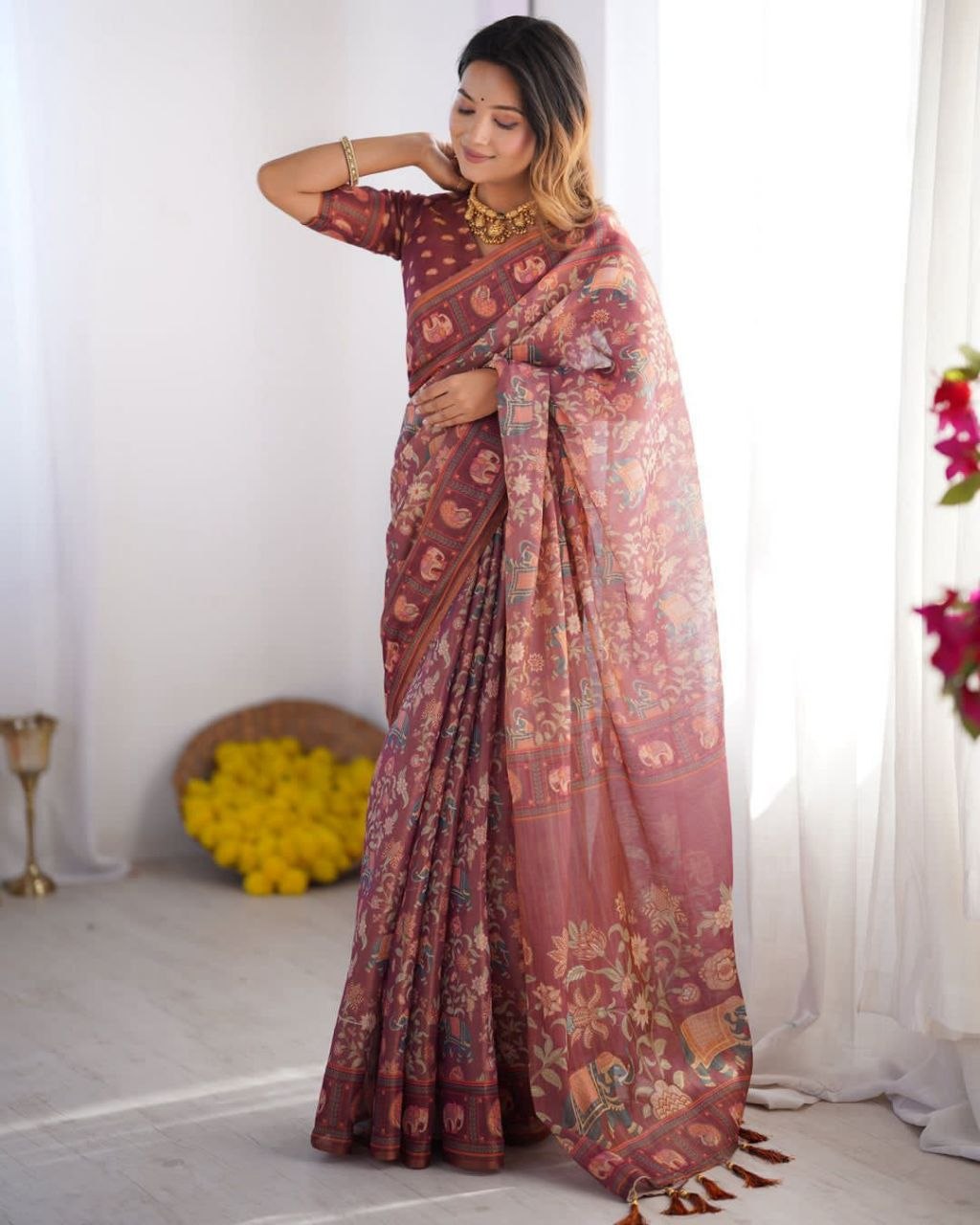 Modern digital print cotton peach saree