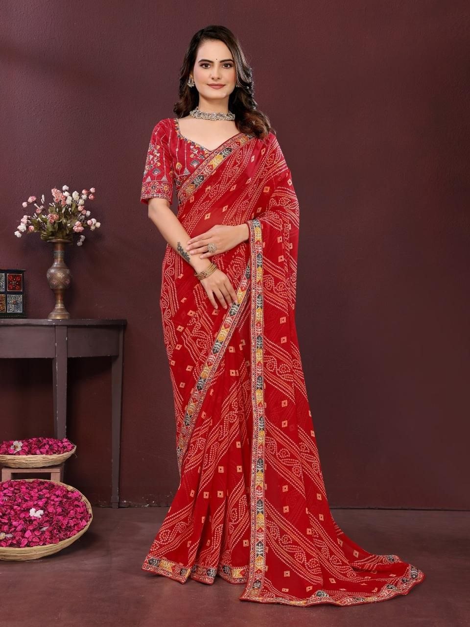Embroidery digital print georgette red saree