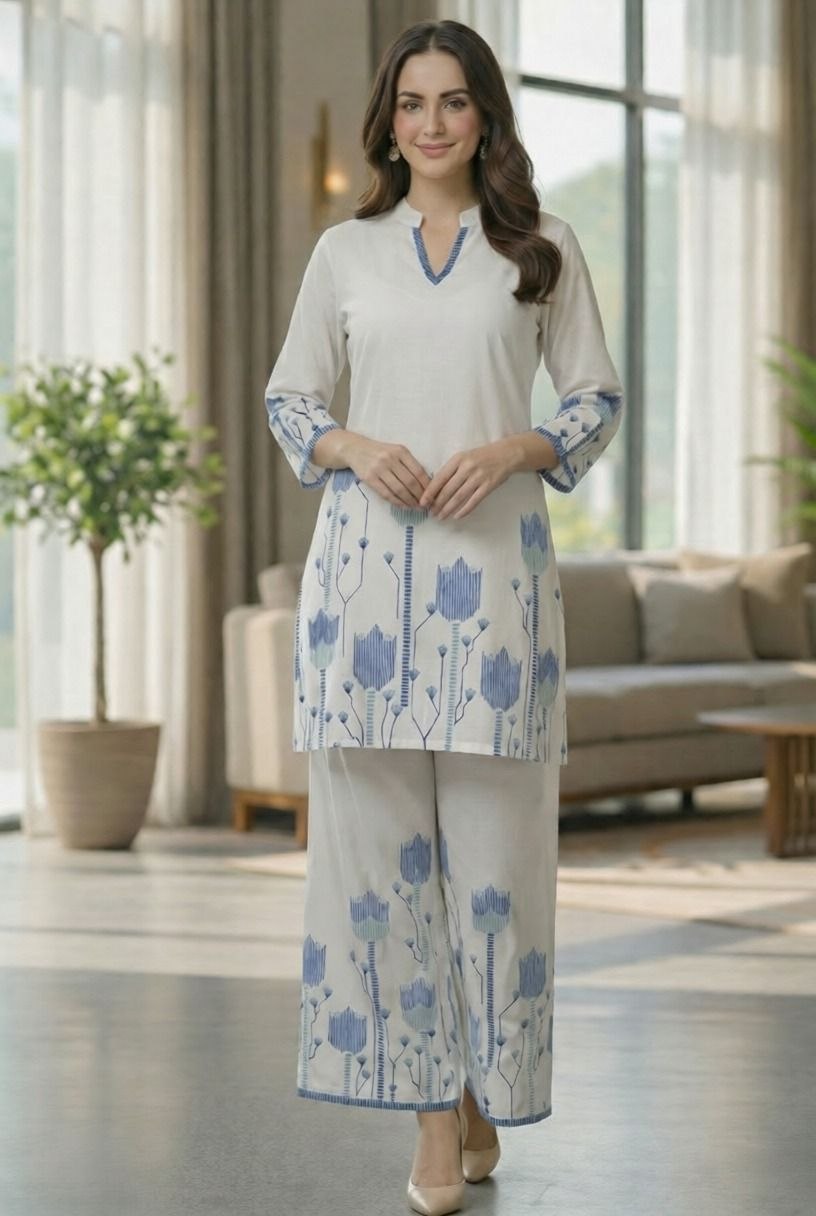 Designer summer print cotton blue cord set