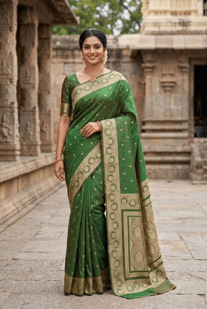 Dispatch banarasi soft silk green saree