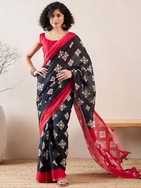 Premium quality rich pallu linen black saree