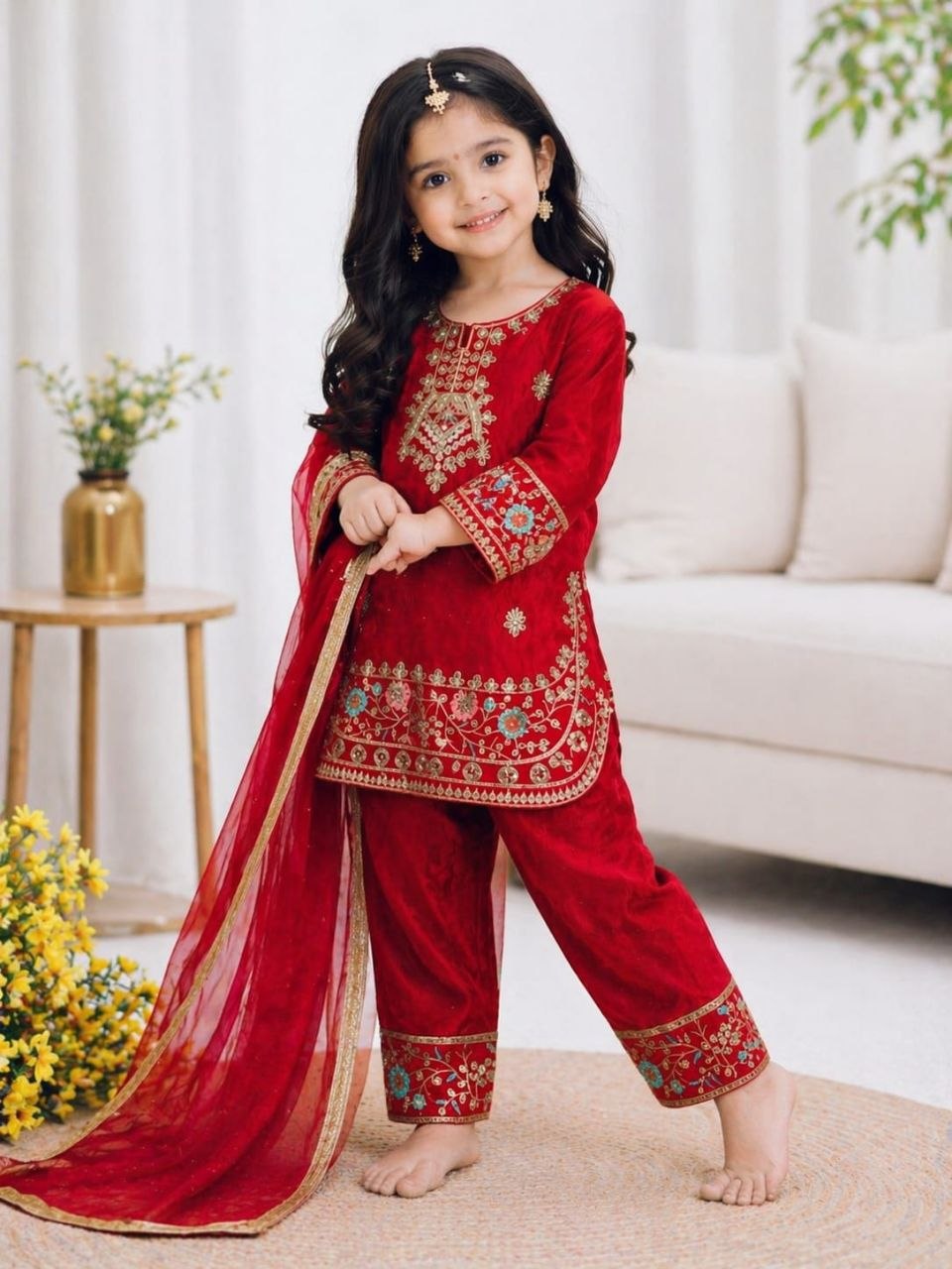Presenting Full stitched embroidery silk red top palazzo