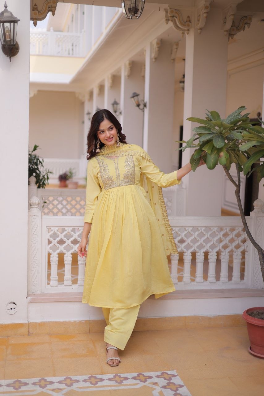 Exclusive embroidery elastic roman silk yellow kurta pajama dupatta