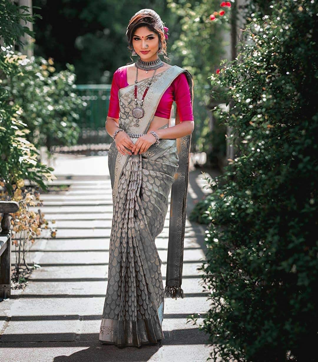 Elegance rich pallu jacquard silk gray saree