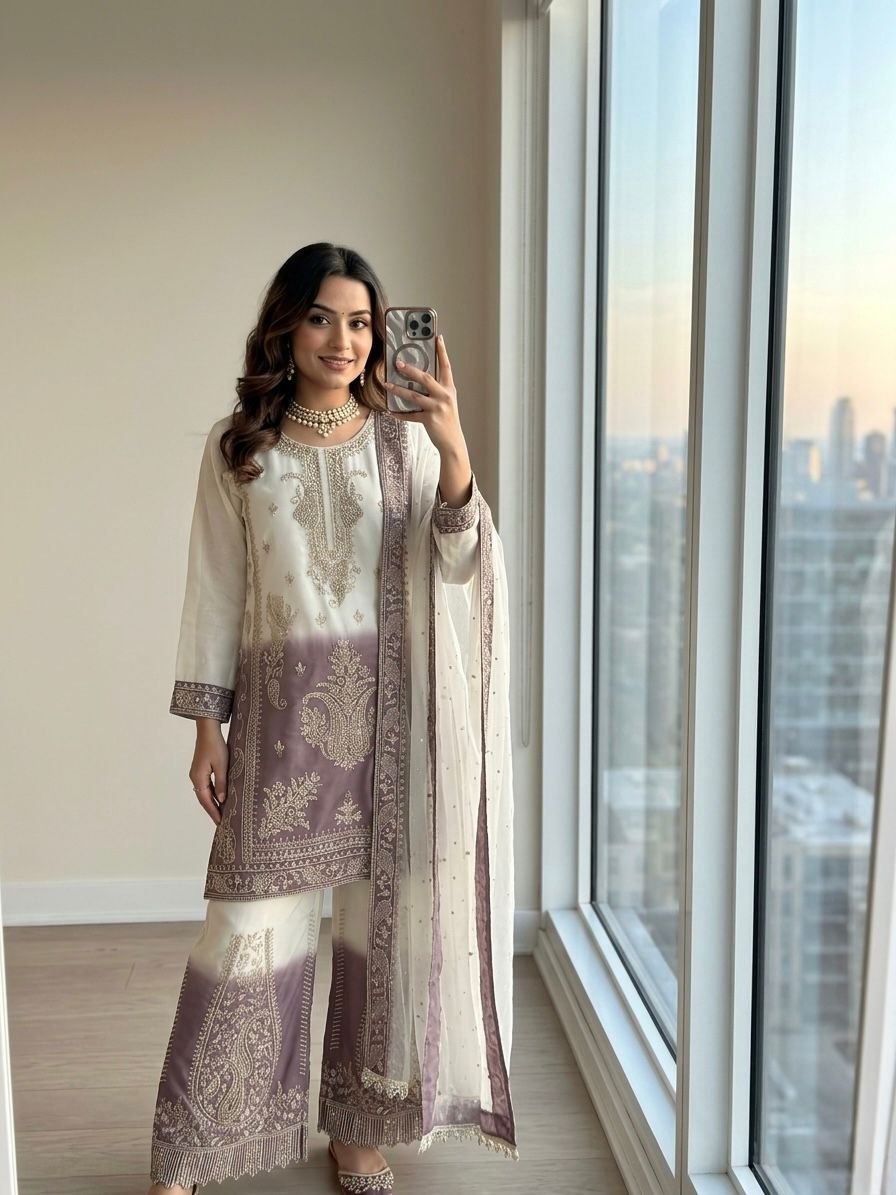 Celebrity embroidery georgette purple palazzo set