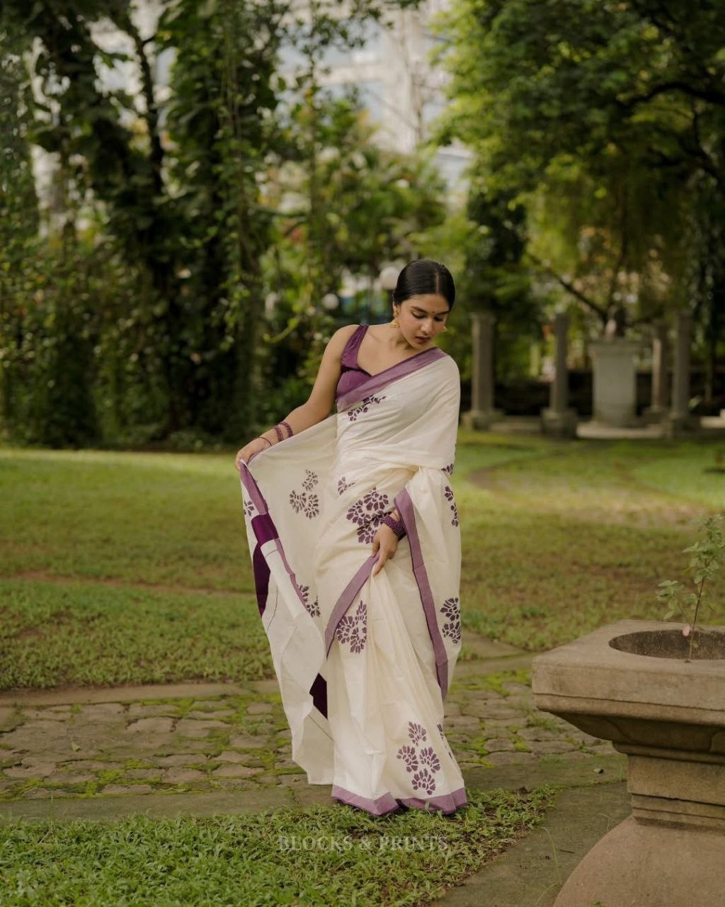Latest digital print silver cotton purple saree